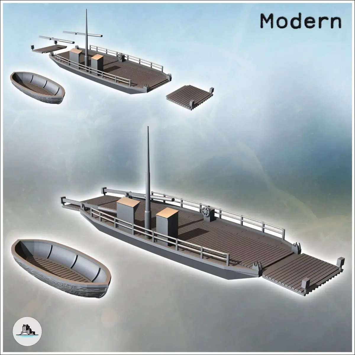 Set of two assault boats with ferry and wooden boat 2 - World Wa 3D print model