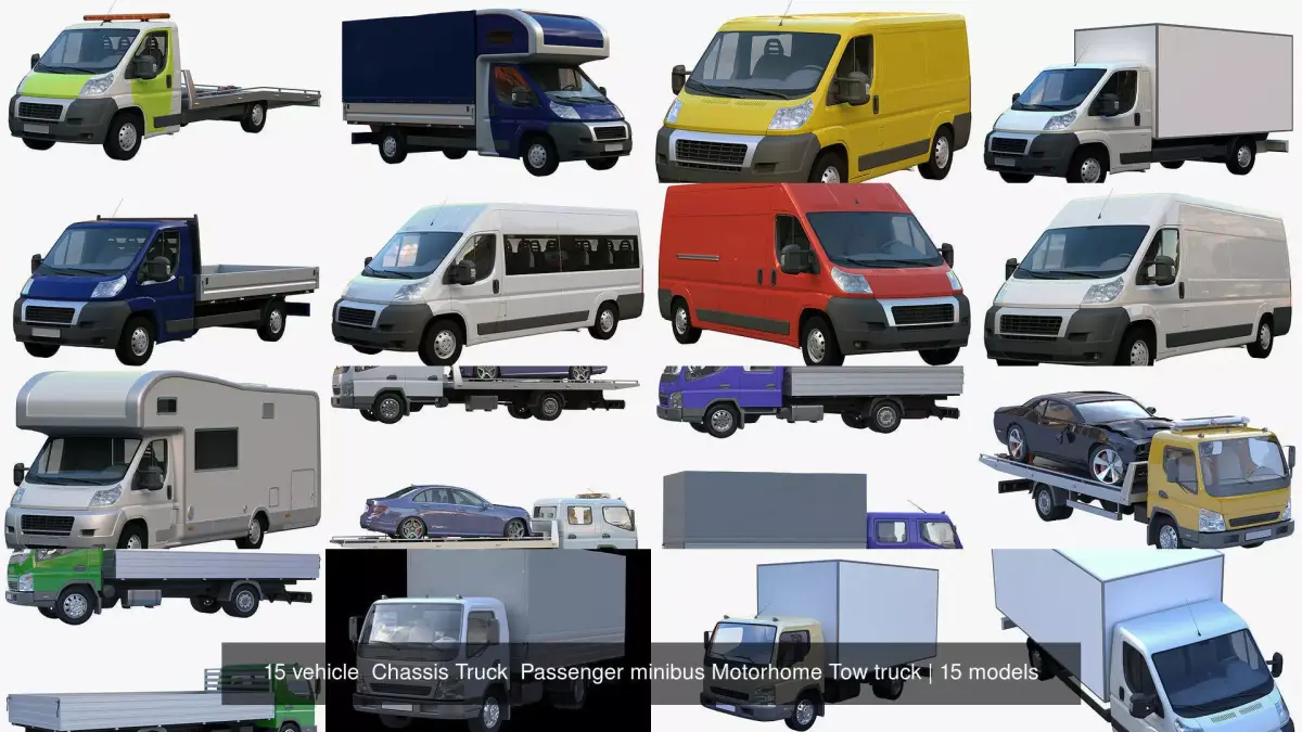 15 vehicle  Chassis Truck  Passenger minibus Motorhome Tow truck 3D Model Pack