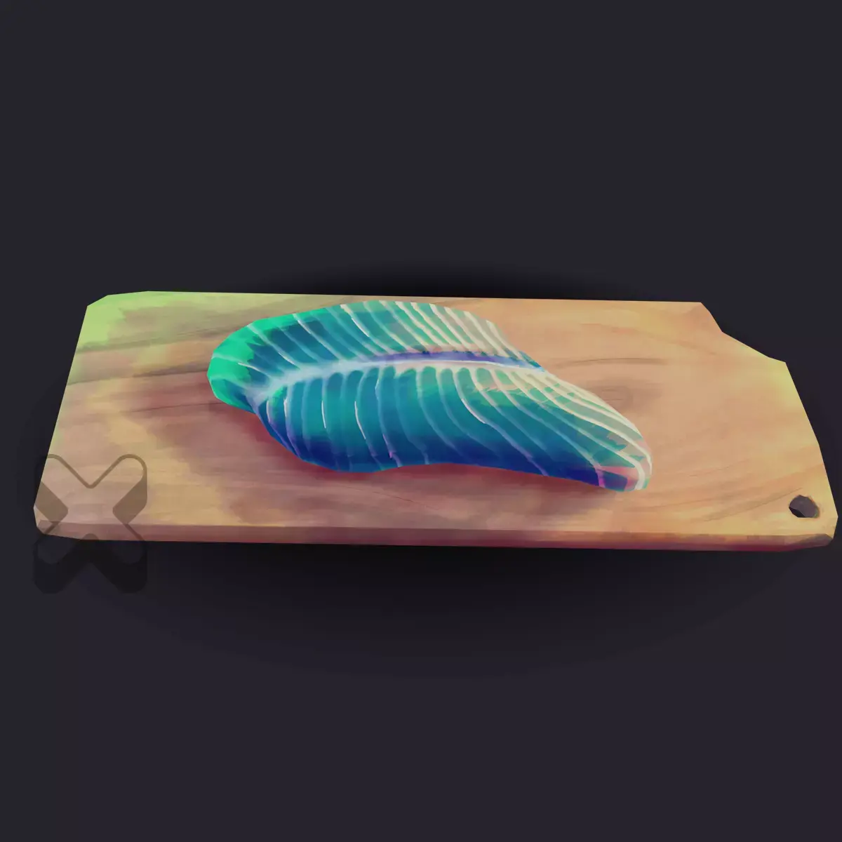 Stylized handpainted blue fish on a cuttingboard Low-poly 3D model
