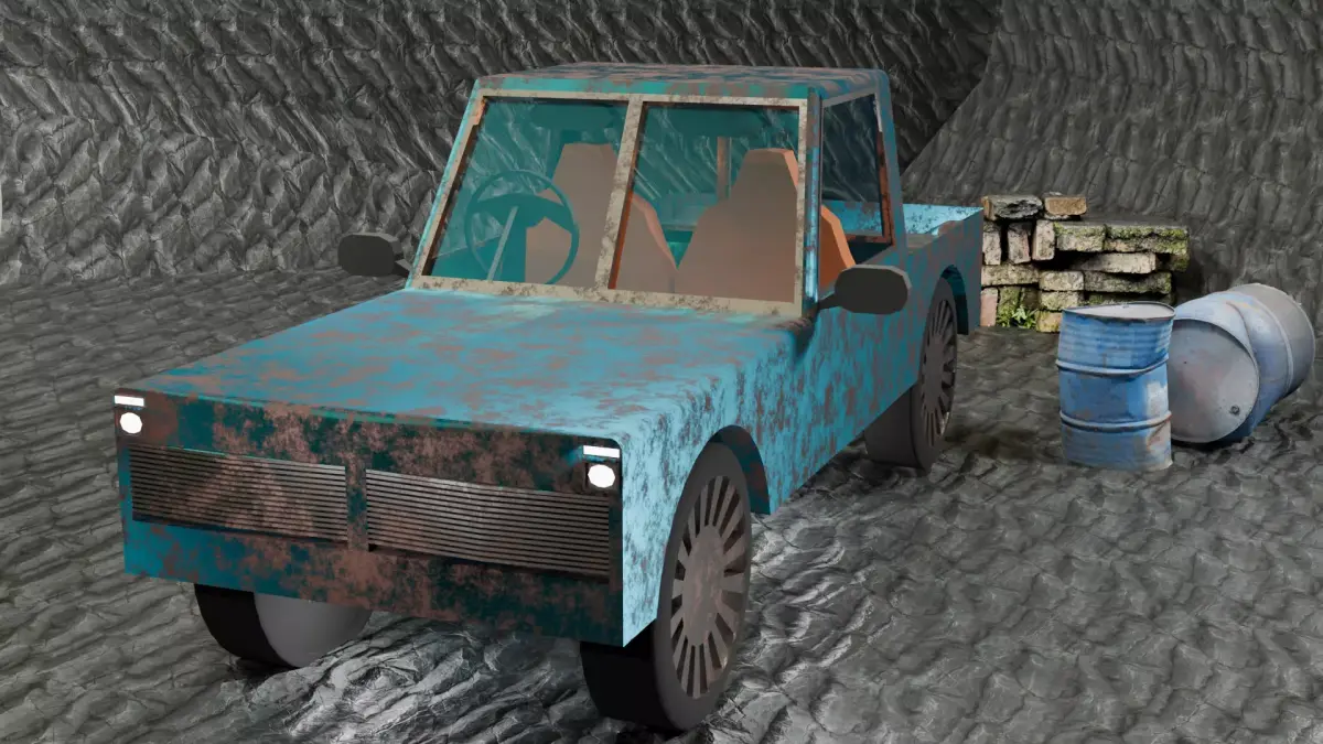 Stylized Low-Poly Rusty Pickup Truck - Fully Procedural Material Low-poly 3D model