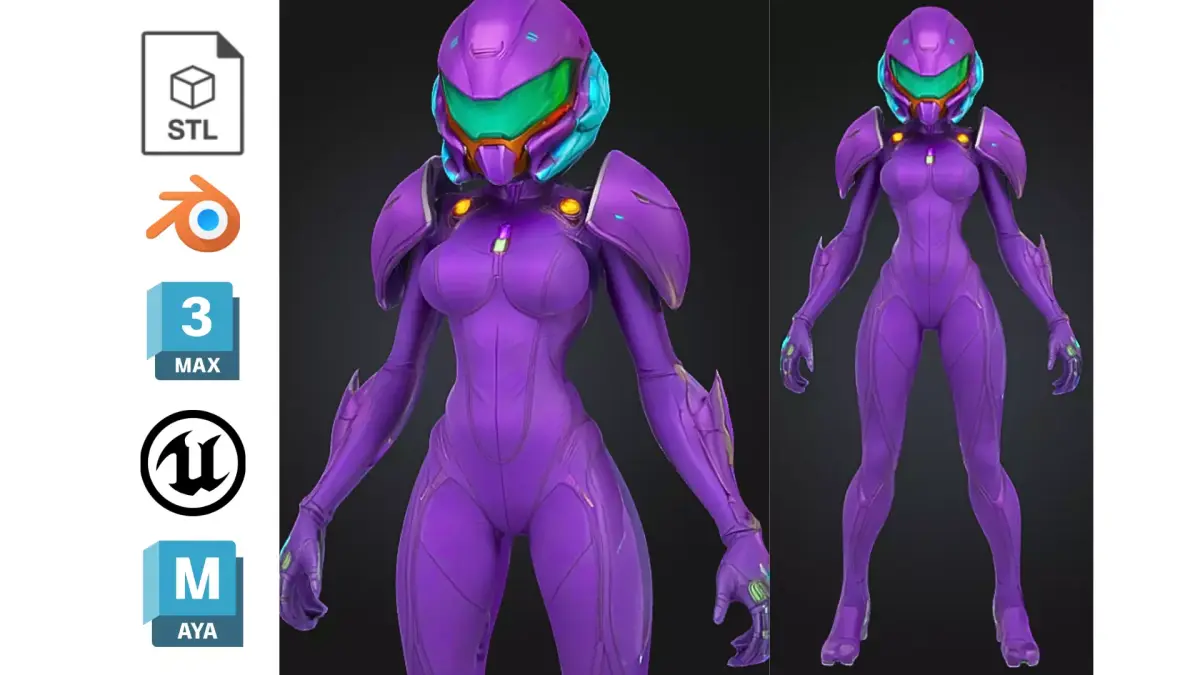 Sci Fi Female Android in Purple Power Suit Low-poly 3D model