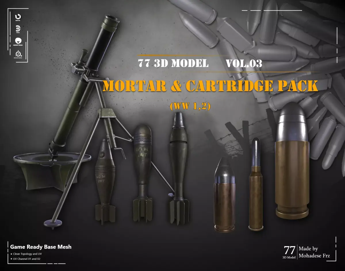 77 3D Model cartridge and Mortar WW12 Base Mesh -VOL 03  Low-poly 3D model