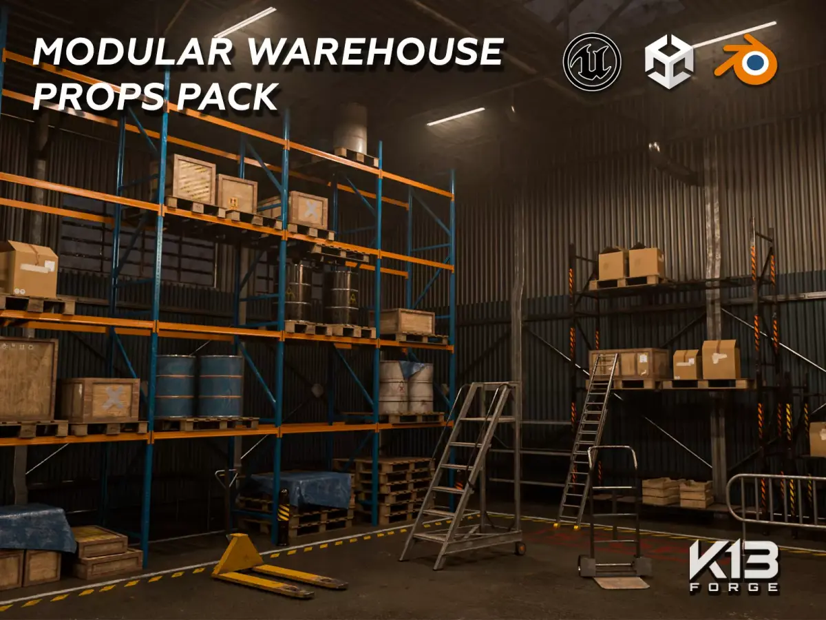 Modular Warehouse Racking and Props Pack Low-poly 3D model