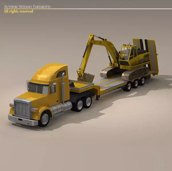 Truck with stepframe trailer and excavator 3D model