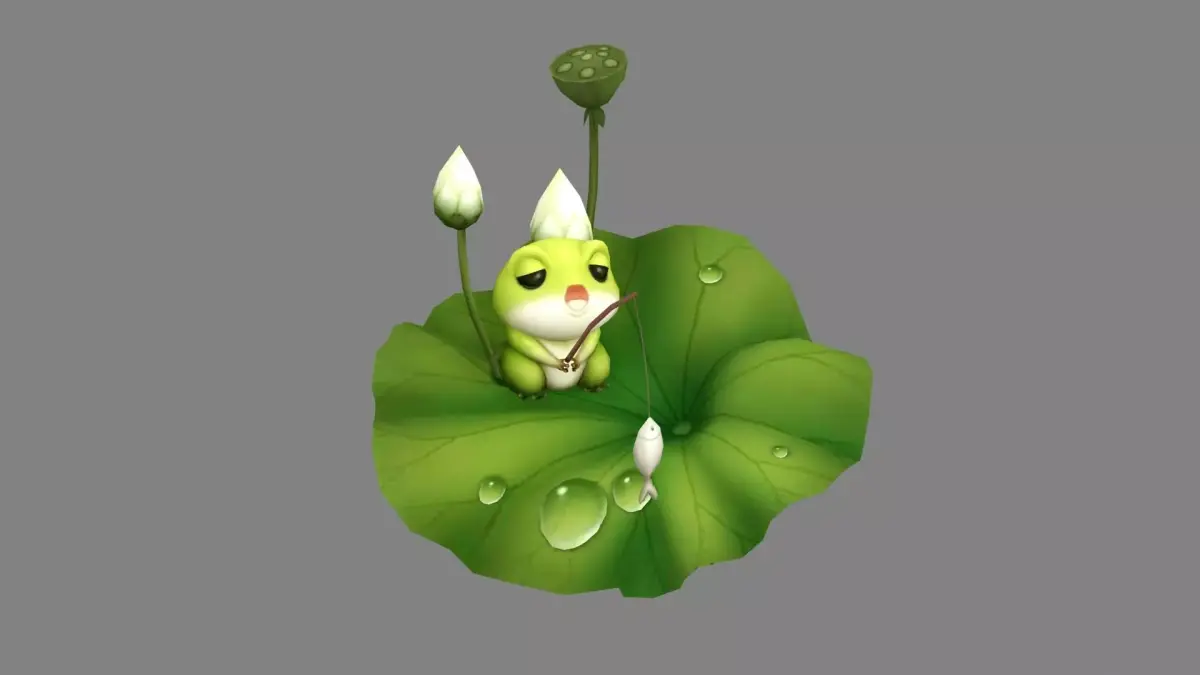Cartoon Frog fishing on lotus leaf Low-poly 3D model