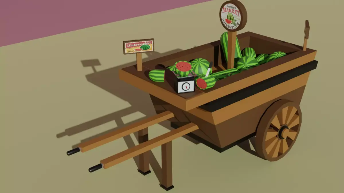 Watermelon Wooden Cart Low-poly 3D model