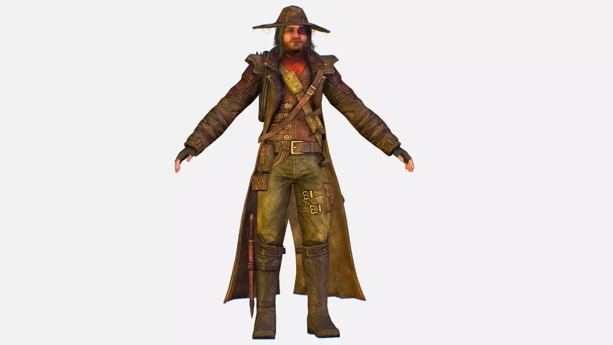 Man Cowboy Leather Coat Wide-Brimmed Hat Game Character Low-poly 3D model