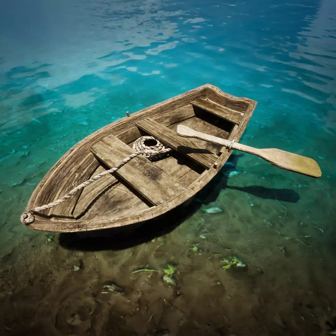 A wood boat with paddle and rope 3D model