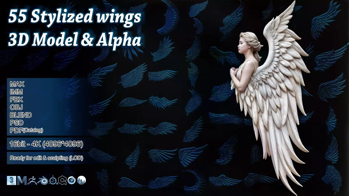 55 stylized wing 3d model and alpha 3D model