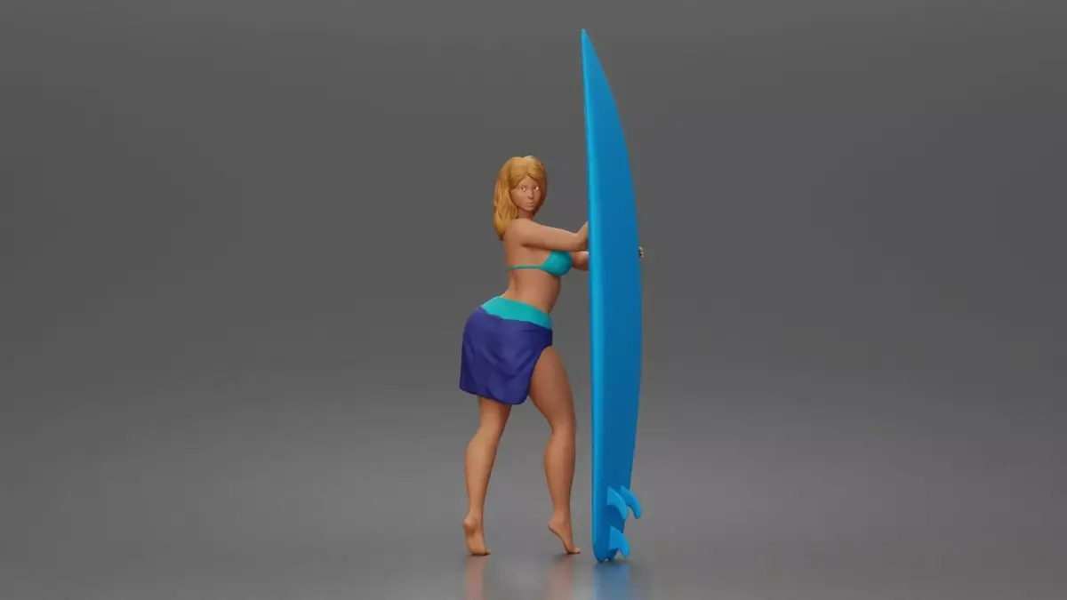 Surfer poses beside surfboard in ready for waves 3D print model