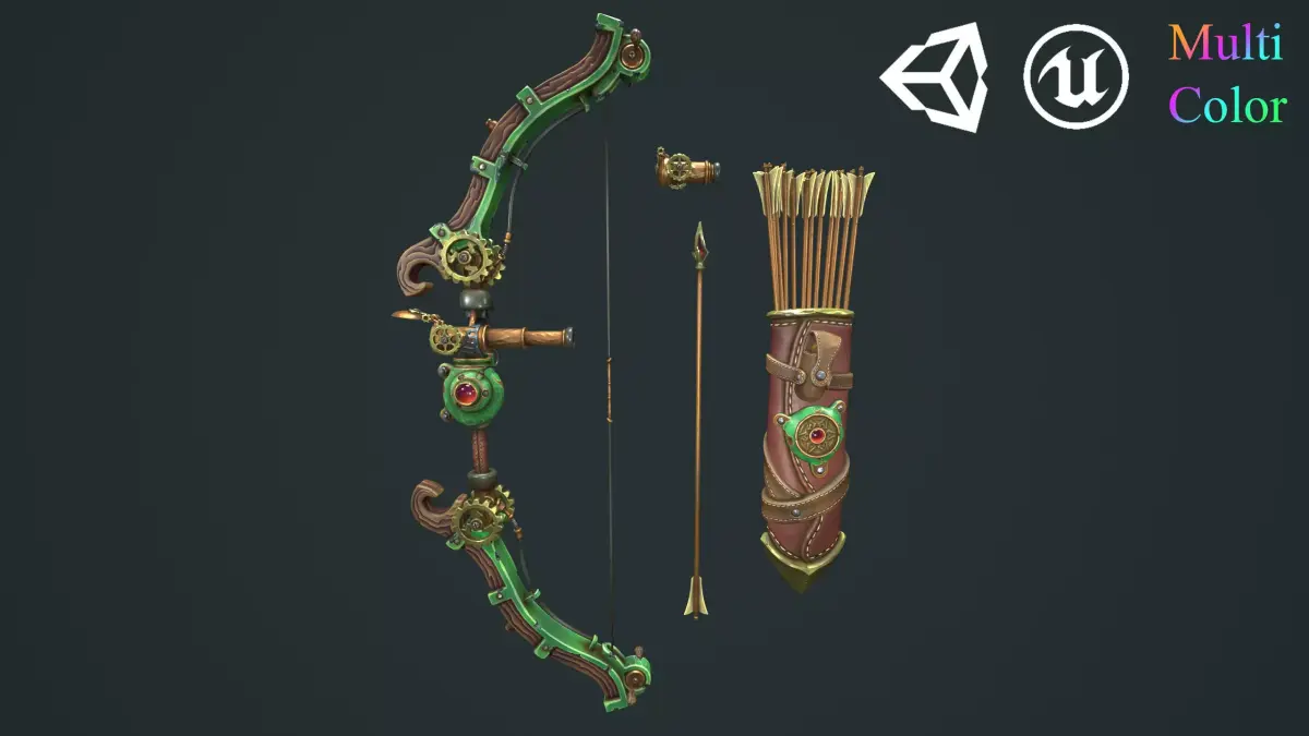Steampunk bow quiver arrow spyglass Low-poly 3D model
