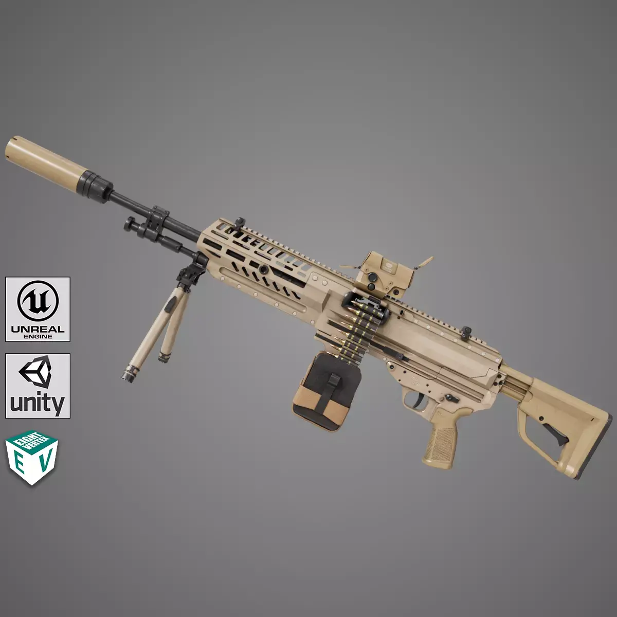 Machine Gun 14 Brown All PBR Unity UE Textures Low-poly 3D model