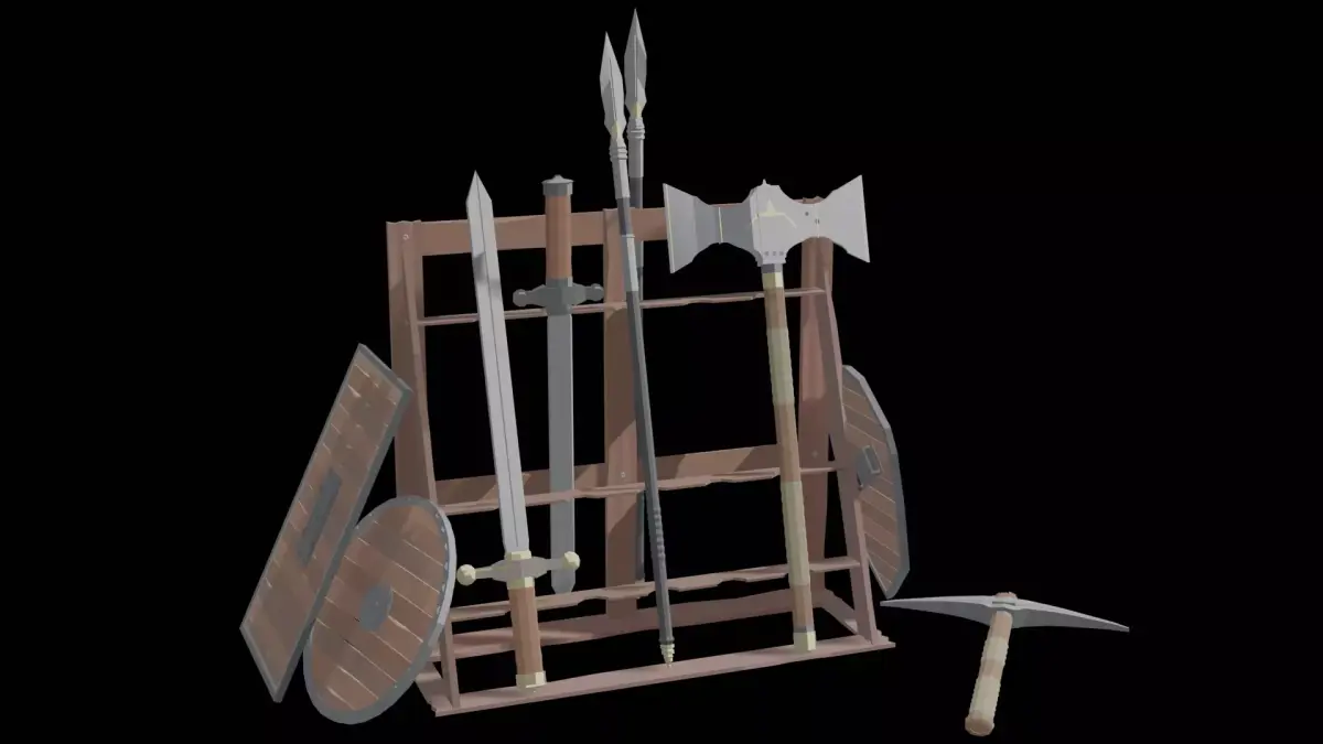 Low Poly Weapons wooden display of swords and axes Low-poly 3D model