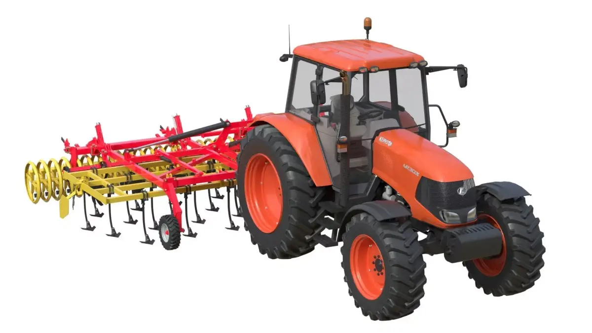 Kubota M130X1 Tractor and Agricultural Cultivator Low-poly 3D model