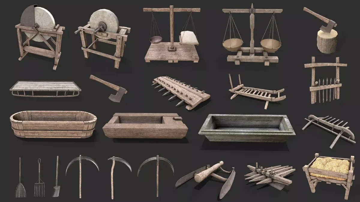 Medieval Environment Props 4 Farm Tools Pack 1 Low-poly 3D model