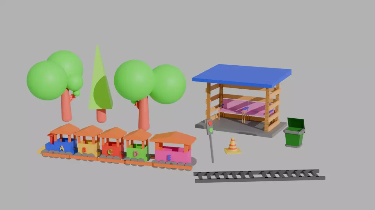  Low Poly Train Model AND TRESS BUS STOP TRAFIC LIGHT DUST BIN Low-poly 3D model