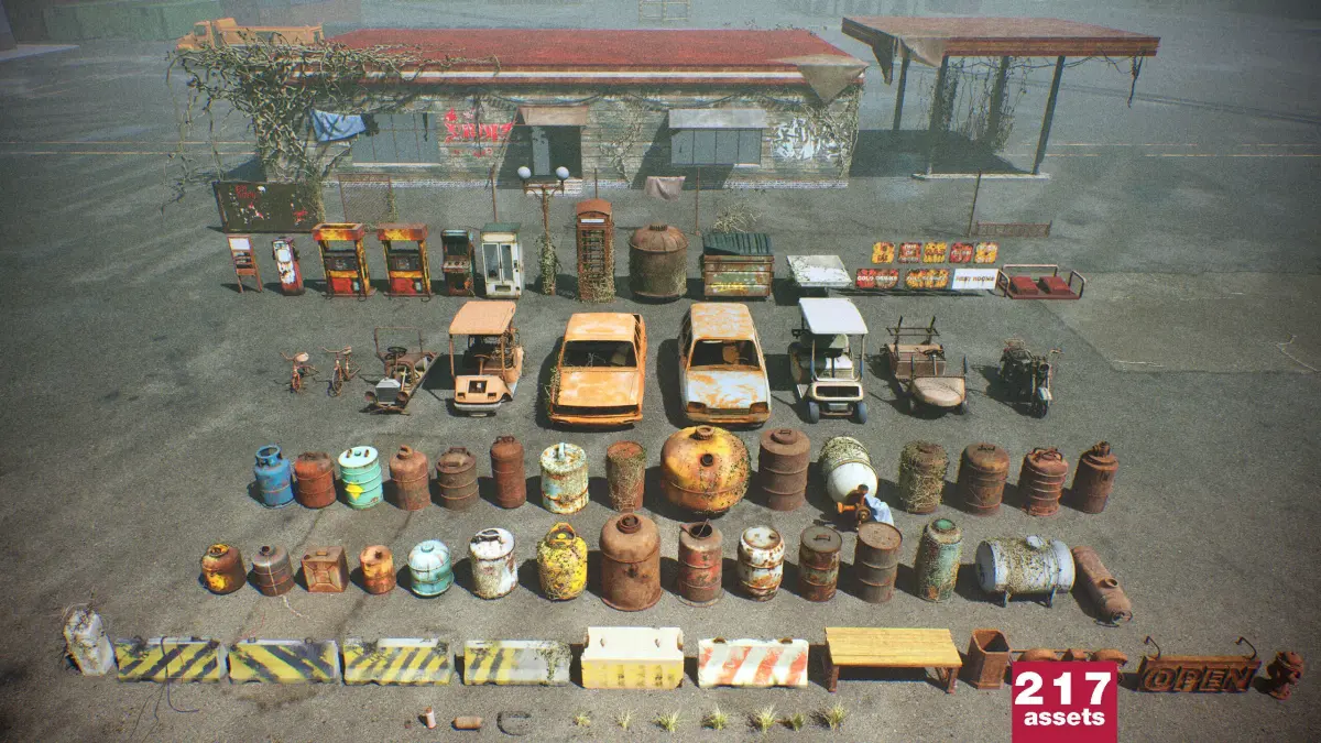 Post-Apocalyptic Junkyard Rusty Gas Station Props Pack  Low-poly 3D model