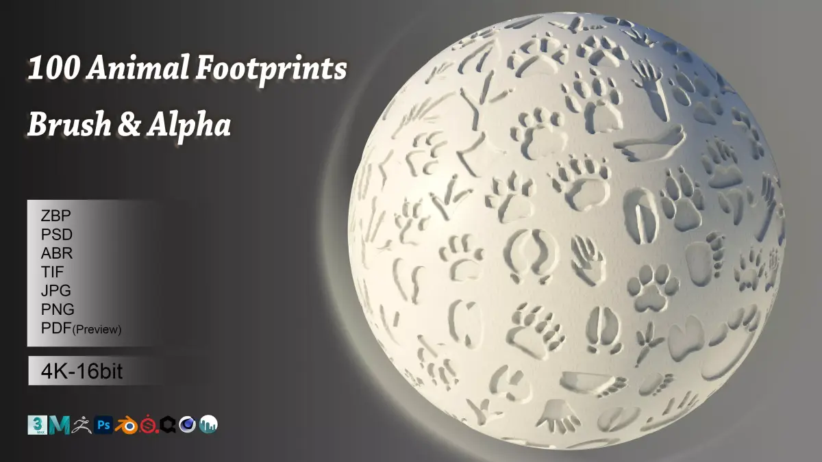 100 Animal Footprints brush and alpha 3D model