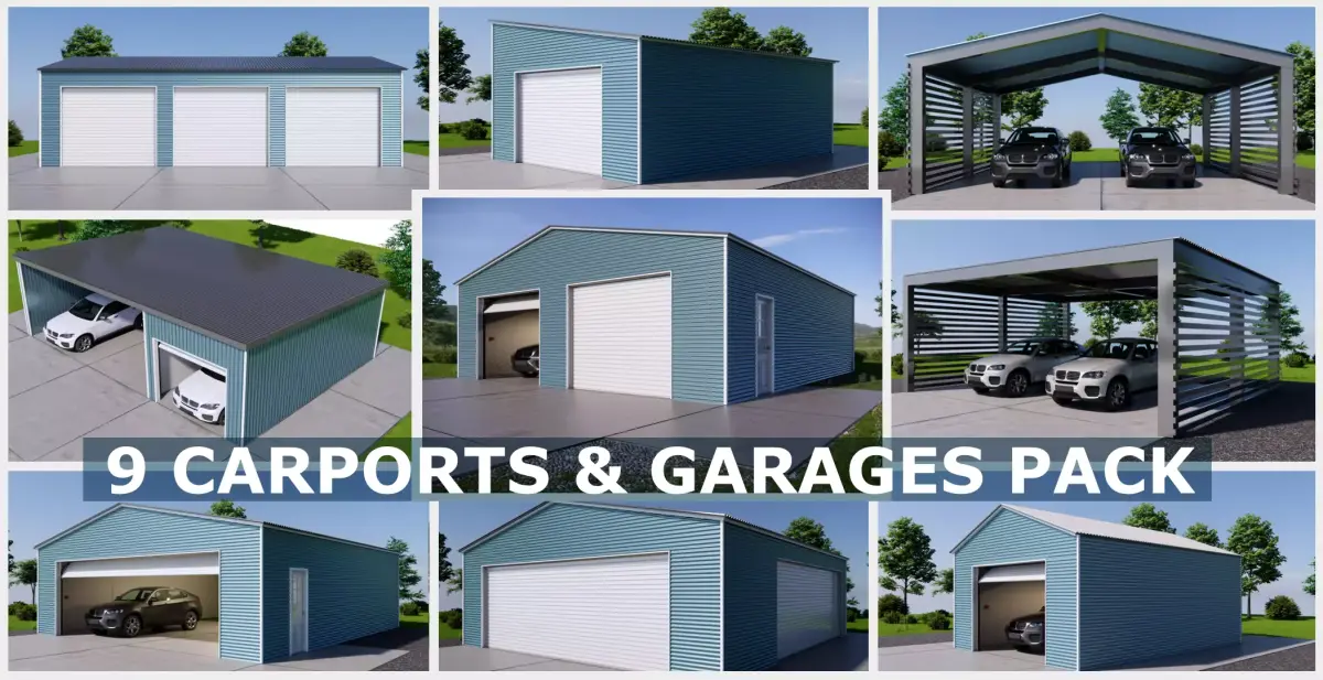 Metal Carports and Garages Collection-9 Modular Steel Shelters 3D Model Pack