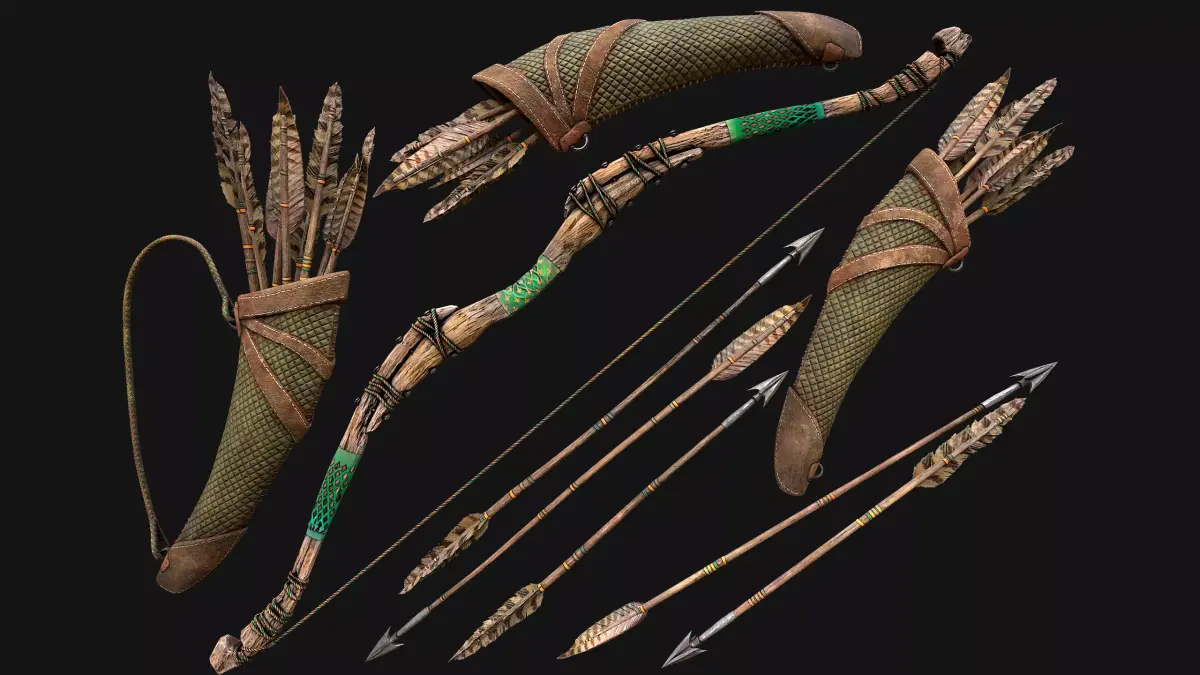 Wooden Bow and Quiver Ranger Set Medieval  Low-poly 3D model