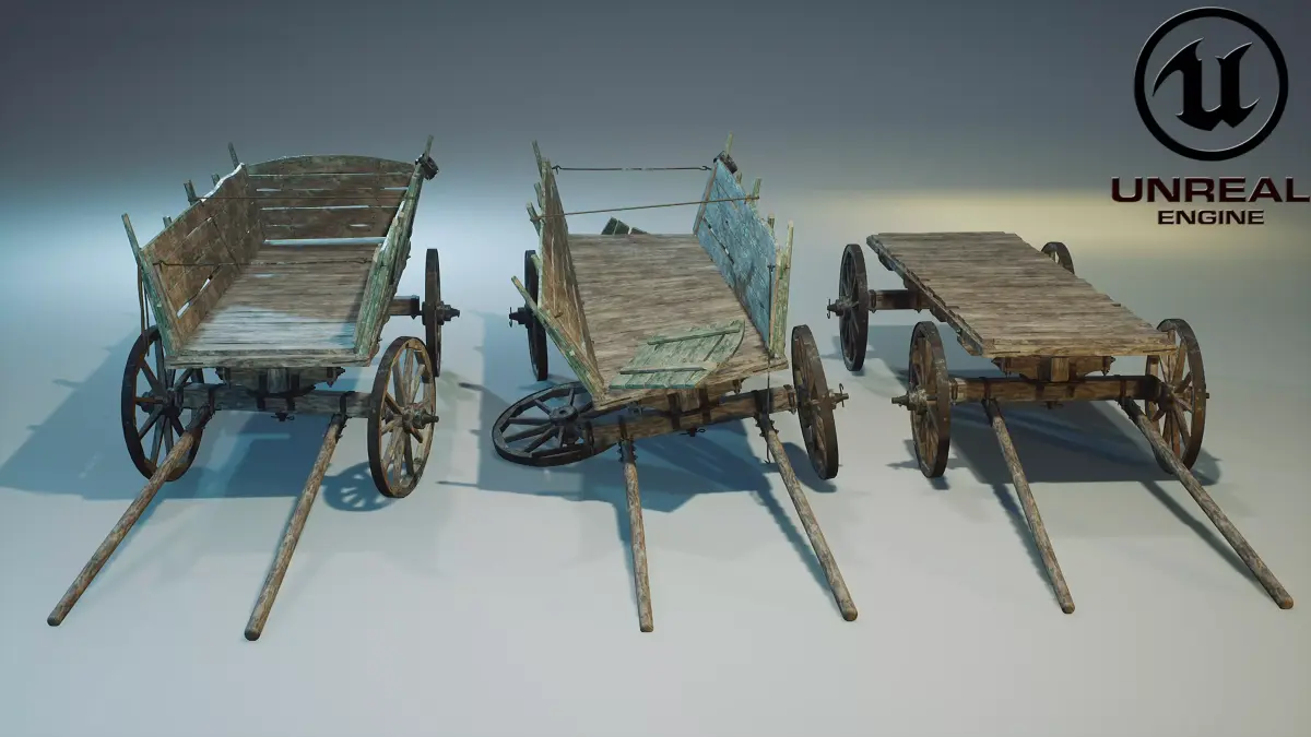 Wooden Medieval Cart 02 PBR Game Ready Low-poly 3D model