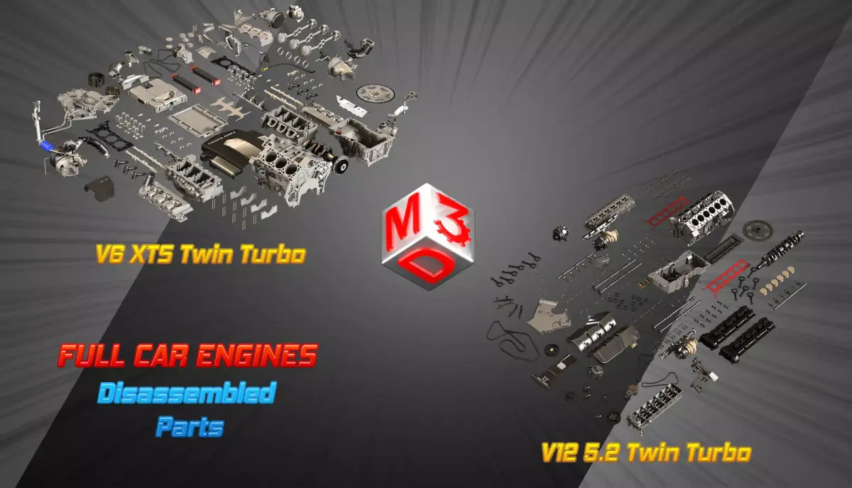 V6 and V12 Twin Turbo Car Engines Disassembled Parts 3D Model Pack purchase