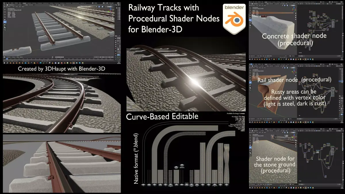 Railway Tracks - Procedural Shader Nodes - Curve-Based Editable 3D model