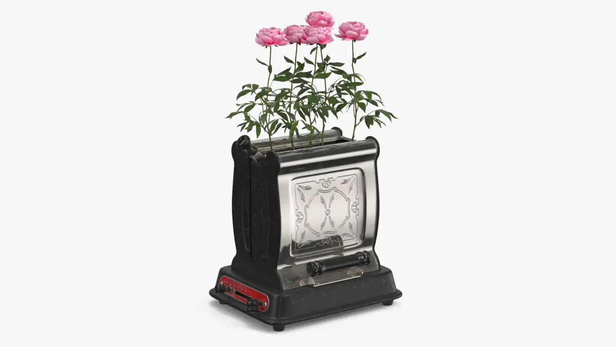 Vintage Toaster Planter with Pink Flowers 3D model