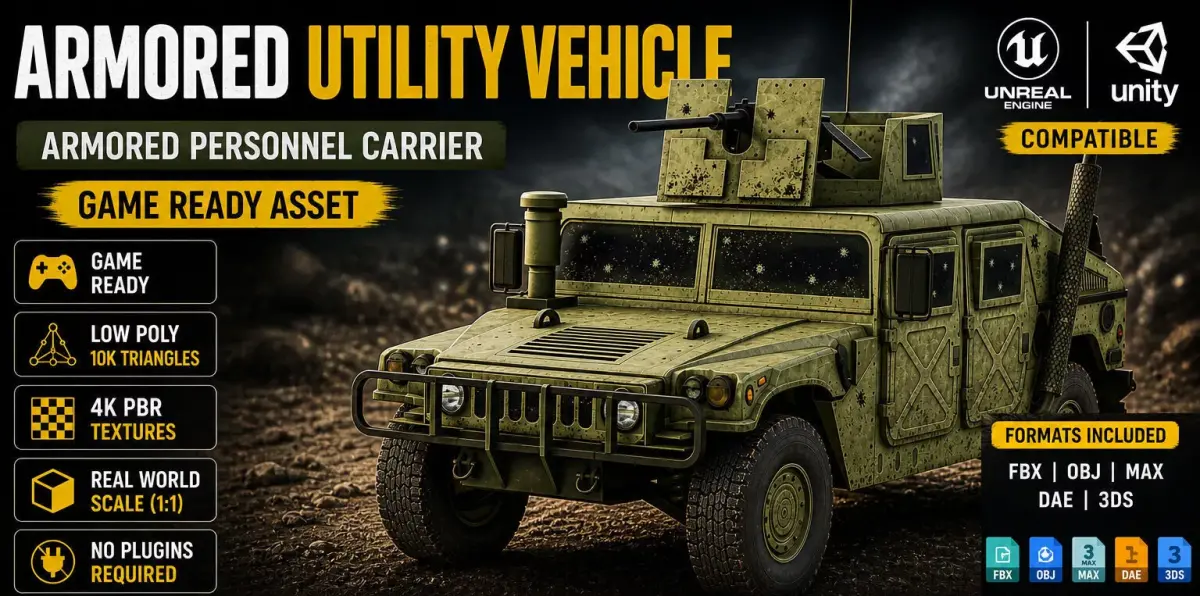 Armored Utility Vehicle Military Army Game Ready Low-poly 3D model