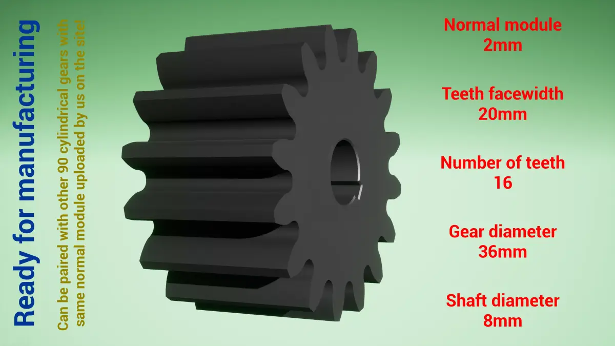 Cylindrical gear - paired - z16 m2 D36 d8 3D print model