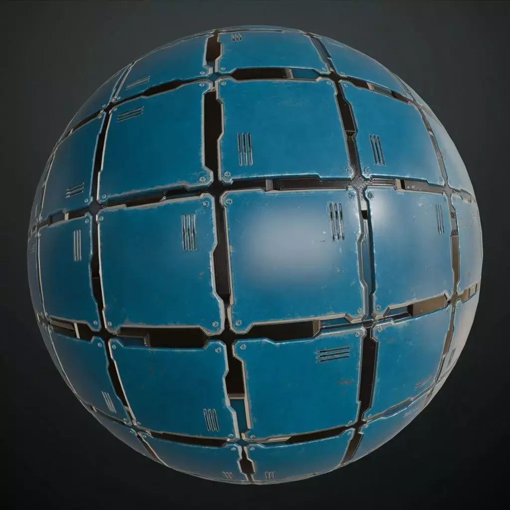 Blue Sci-Fi Square Modular Metal Plate PBR Seamless Texture
