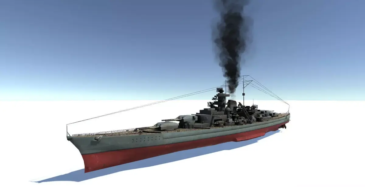 Bismarck ship with smoke Low-poly 3D model