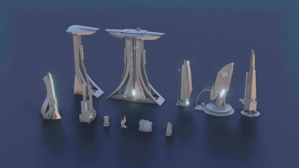 Low Poly Sci-Fi kitbash mini set Low-poly 3D model