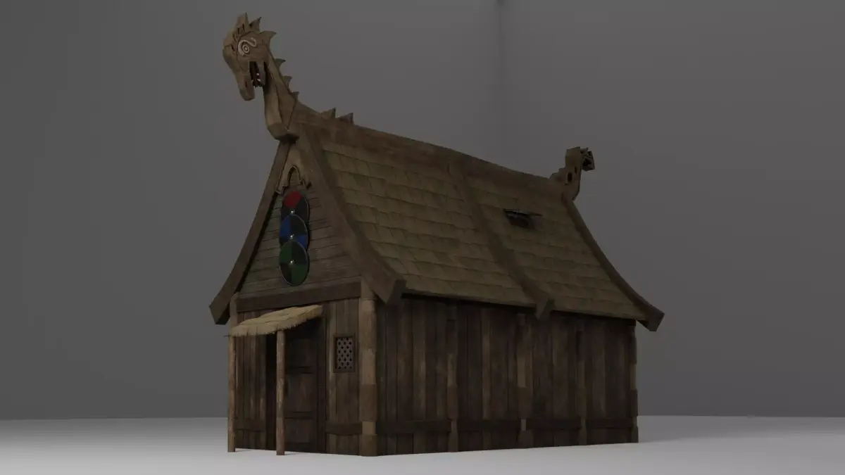 Viking House with Thatch Shack with interior and wooden fence Low-poly 3D model