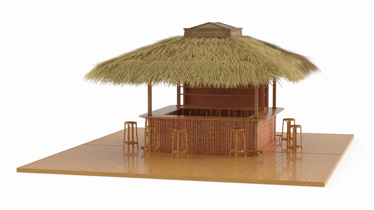 Tropical Service Tiki Bar with Thatch Roof and Wooden Stools Natural 3D model