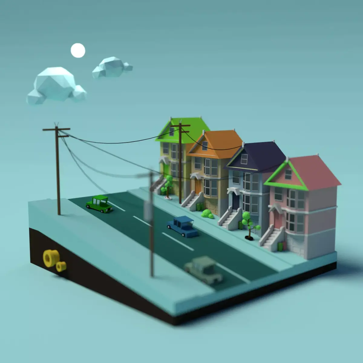 City street home and car Low-poly 3D model