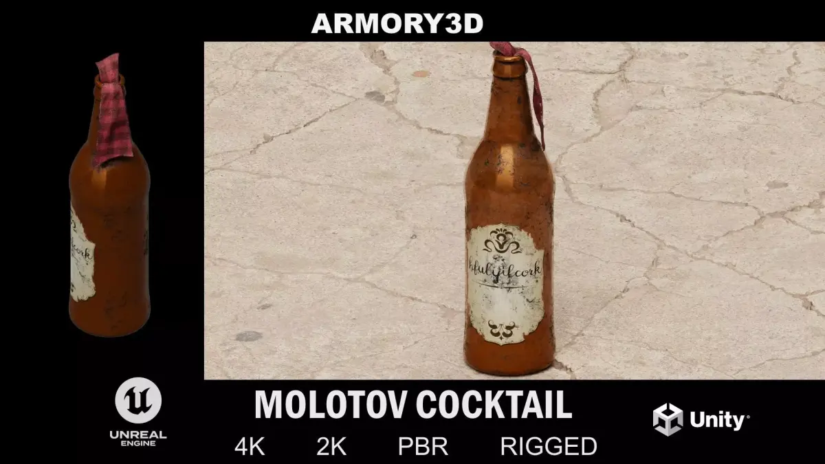 GAME READY MOLOTOV COCKTAIL PBR RIGGED Free low-poly 3D model