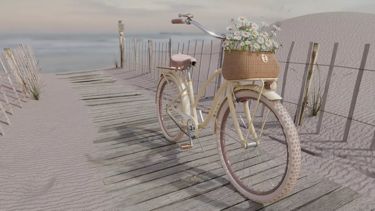 Beach cruiser bicycle with daisy basket and beach scene 3D model