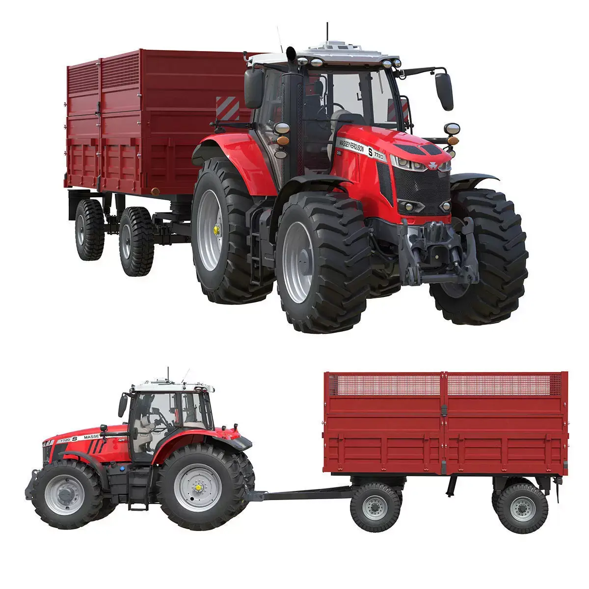 Massey Ferguson 7700S Tractor With Tipping Trailer Low-poly 3D model
