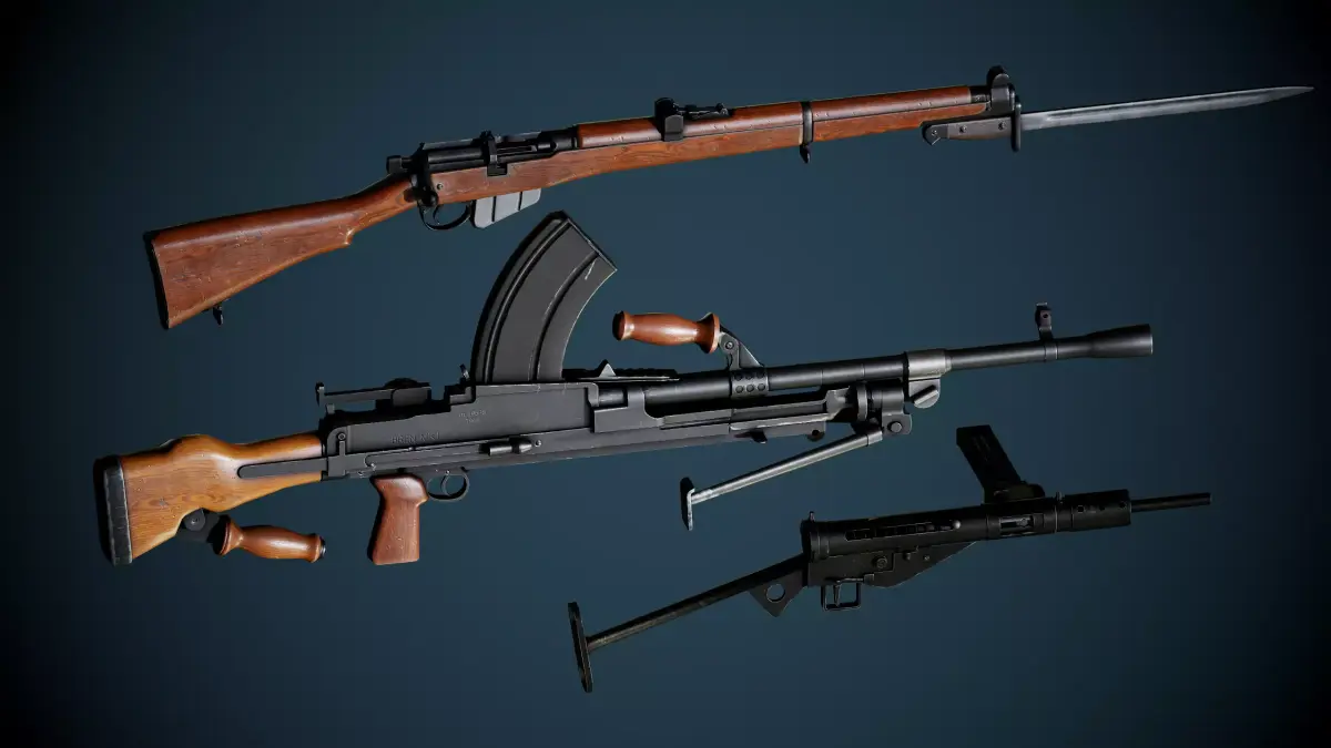 British WW2 Weapons pack - Lee Enfield - STEN - BREN machine gun Low-poly 3D model
