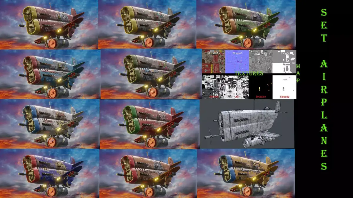 Set of stylized realistic airplanes Low-poly 3D model