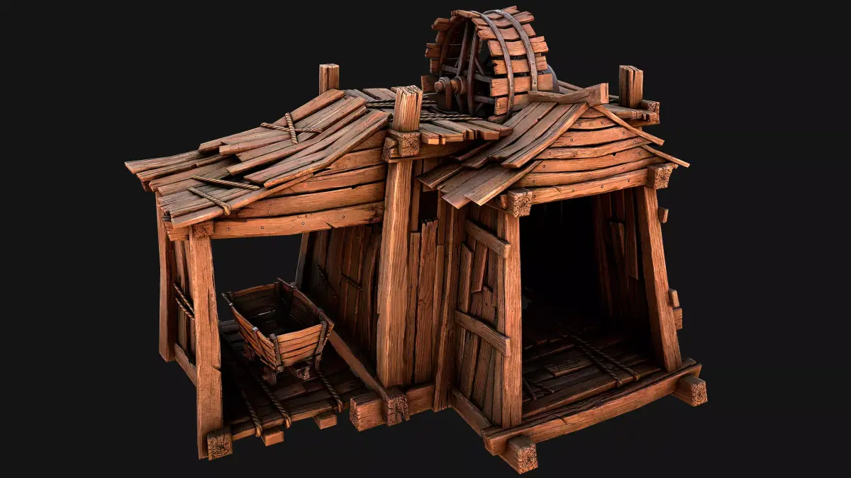 Medieval Mine Steampunk and Mining Cart Low-poly 3D model