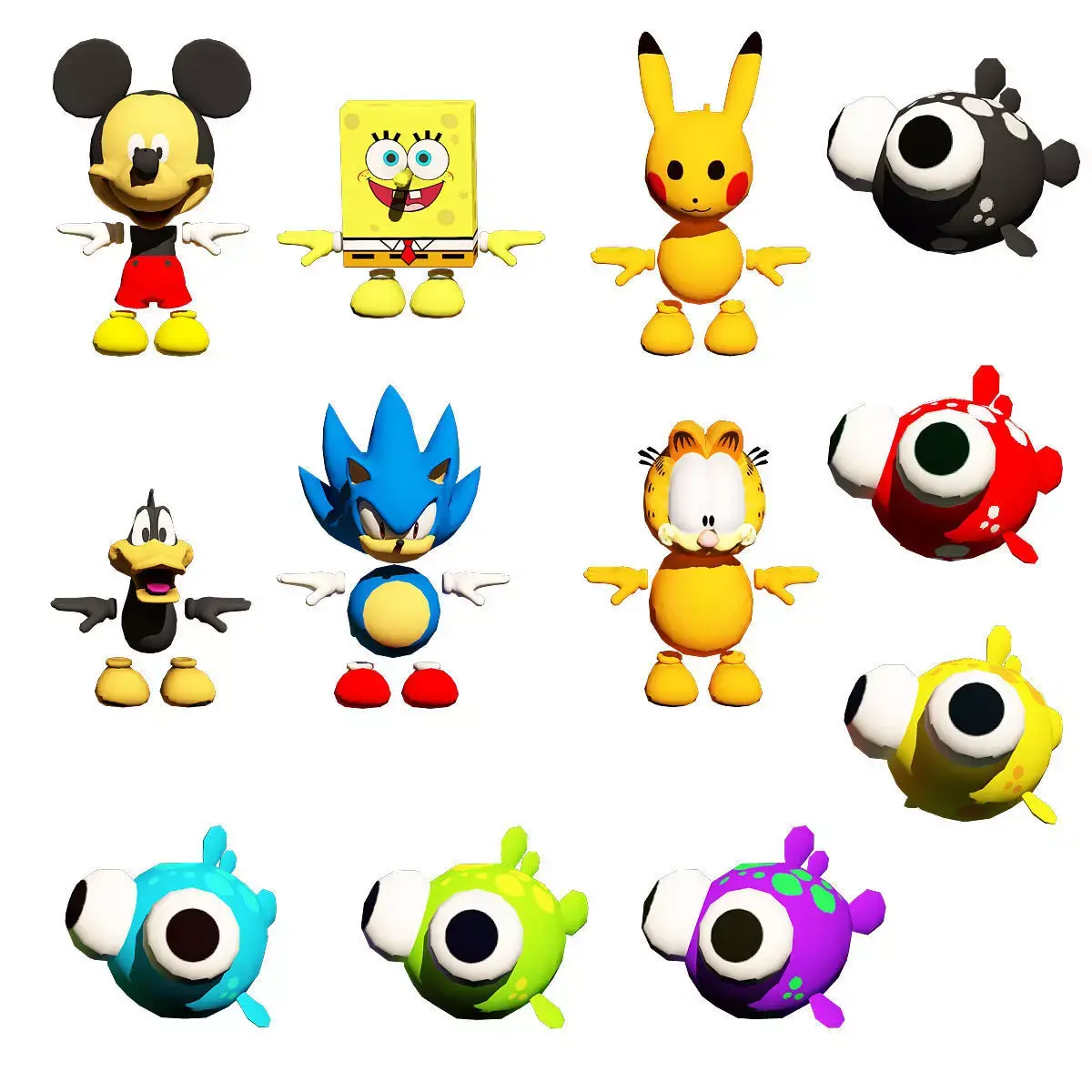 cartoon characters and fishes 3d model pack Low-poly 3D model