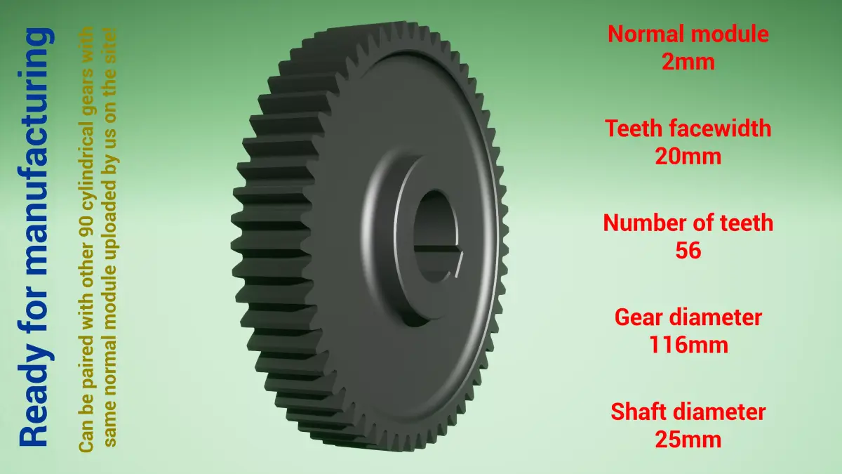 Cylindrical gear - paired - z56 m2 D116 d25 3D print model