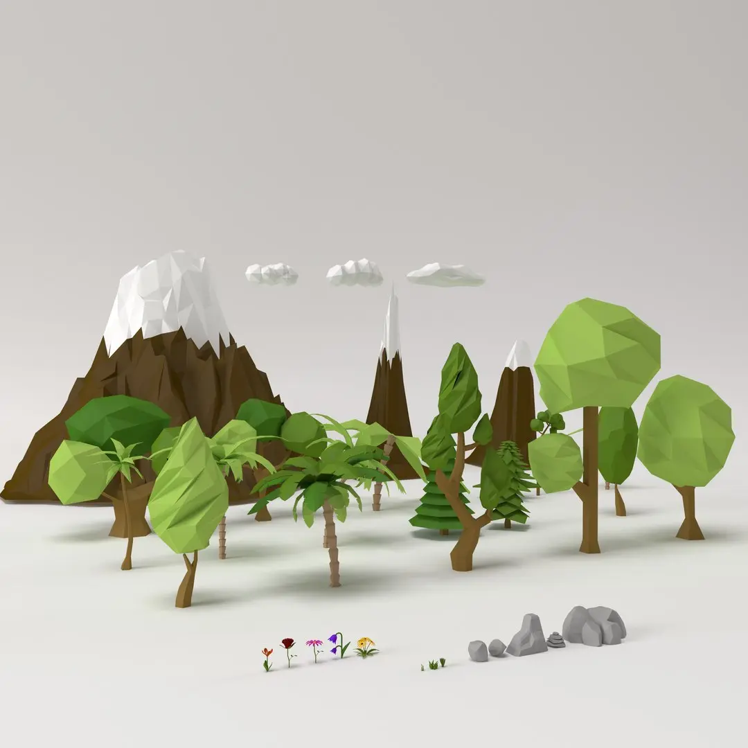 Low poly Trees Flowers Grass Rocks Clouds and Mountains 3D model