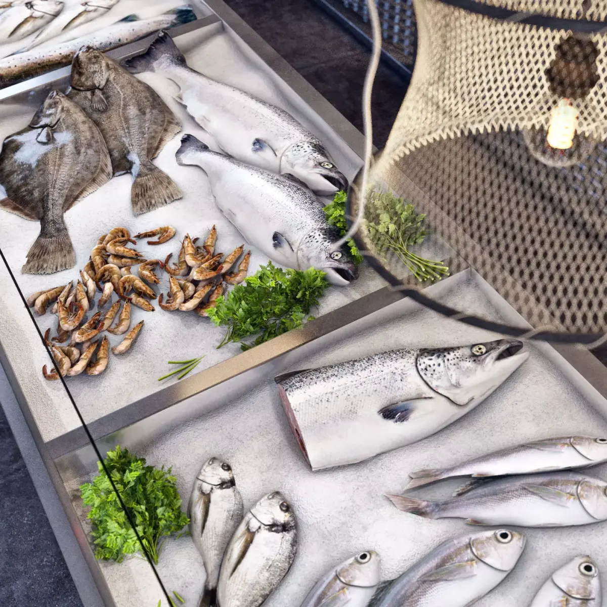 Showcase with fish and seafood 3D model