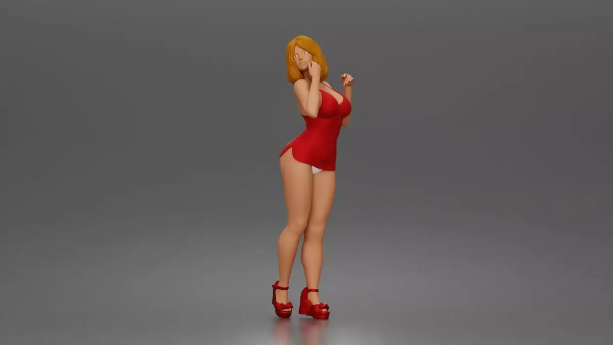 Fashion forward woman in red dress commands attention with poise 3D print model