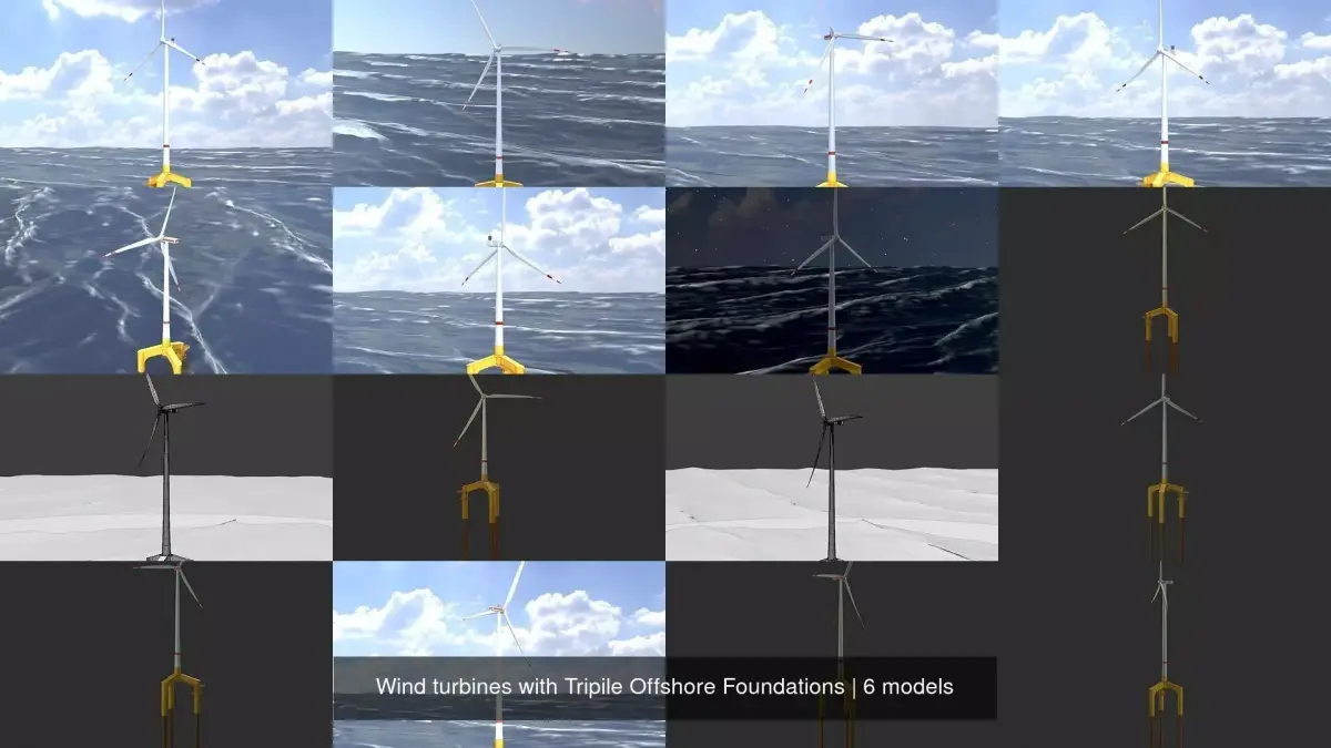 Wind turbines with Tripile Offshore Foundations 3D Model Pack