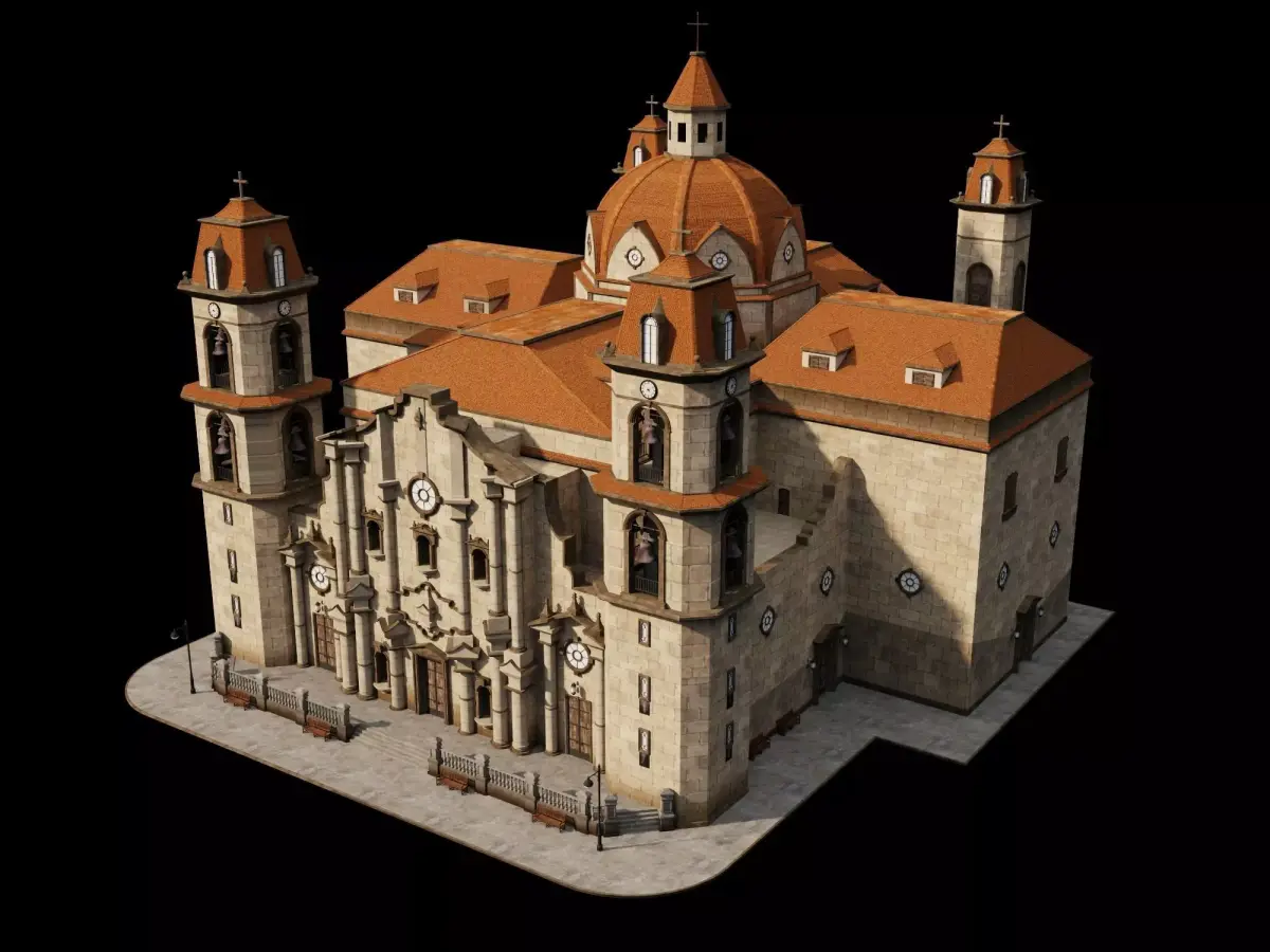 Colonial Church Twin Bell Towers Dome Orange Roof Baroque Low-poly 3D model