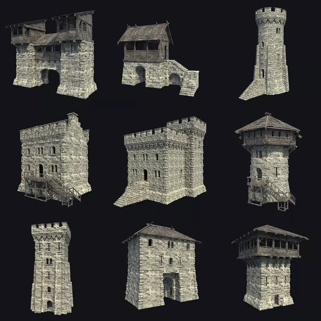 FORT MEDIEVAL CASTLE FORTRESS BAST RUIN TOWER COLLECTION BUILDER Low-poly 3D model